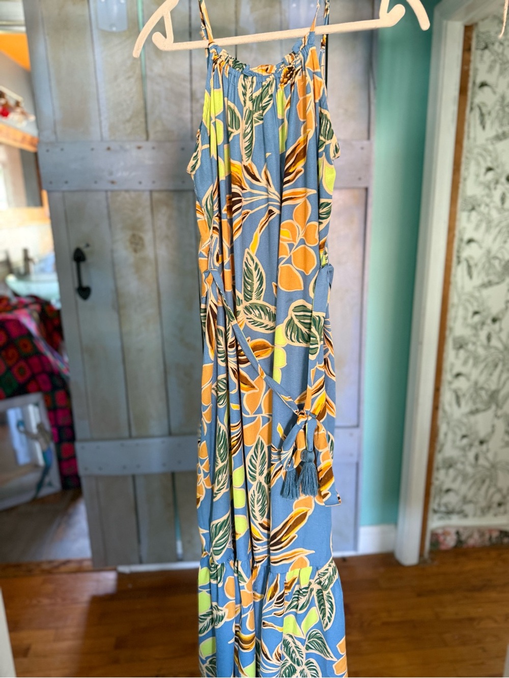 💛🌺Dress Forum Blue Tropical Floral Maxi with Tassel Waist